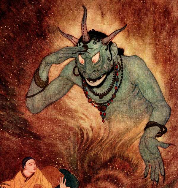 Here we show a portion of 'Aladdin and the Efrite' - it is from the suite by Edmund Dulac published in "Sindbad the Sailor and Other Stories from The Arabian Nights" (1914).