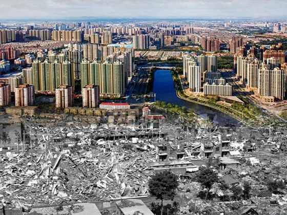This image stitches together Tangshan's modern skyline with the devastation wreaked by the 1976 earthquake (Image from Baike)