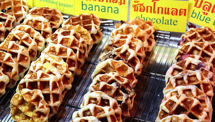 Waffles - Shredded pepper, banana, chocolate and blueberry flavours. In touristy areas descriptions will often be in English as well as Thai