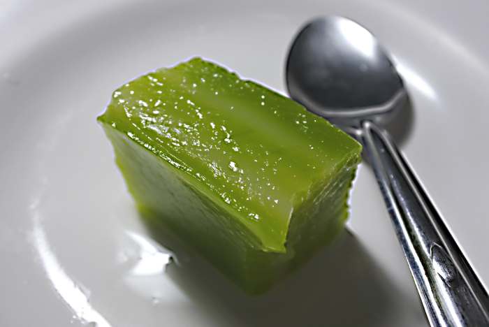 Thai style jelly (UK) or jello (USA) flavoured with coconut milk. The green colouration is derived from pandanus palm leaves