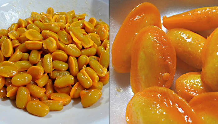 'Med Khanoon' - yellow mung beans are used in Thai flavouring, but can also be eaten as a dessert, blended with sugar, coconut milk and egg yolk and syrup. The finished sweet is shown in close-up on the right