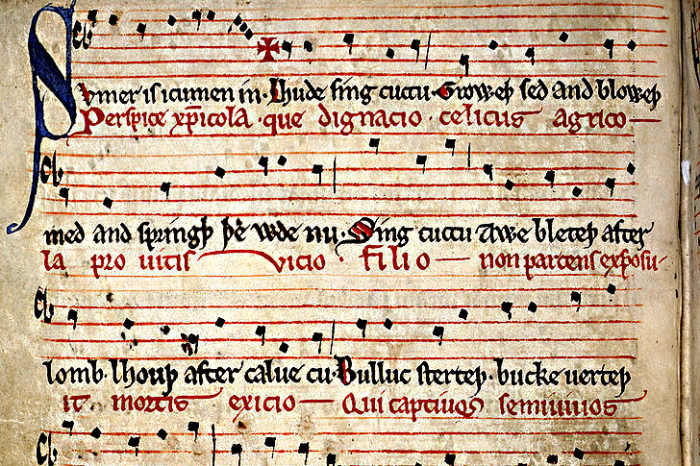 The original manuscript of 'Sumer Is Icumen In', In red is the Latin hymn mentioned in the text, but in black is possibly the first ever English rendition of a song