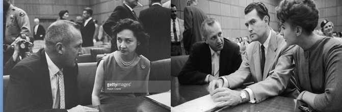 Left photo - Dorothy Kilgallen interviewing murder defendant Dr. Bernard Finch. Right photo - Finch (left) and fellow defendant/mistress Carole Tregoff.