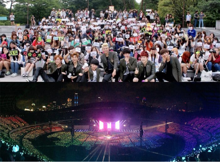 (Above) BTS first fan meeting had no more than 150 attendees. (Below) BTS' Love Yourself: Answer world tour kicks off with a concert at theSeoul Olympic Stadium, selling out more than 90,000 tickets.