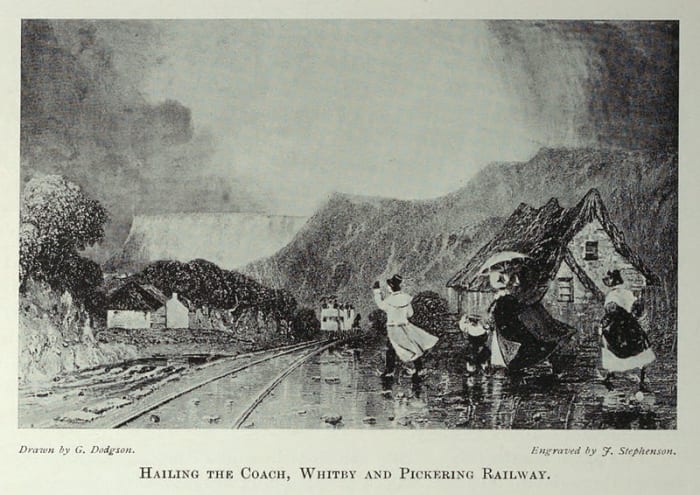 "Hailing the coach", from Tomlinson North Eastern Railway. Author was a youth when the W&PR began to operate - the scene is probably set at Levisham, with heights on either side of the line