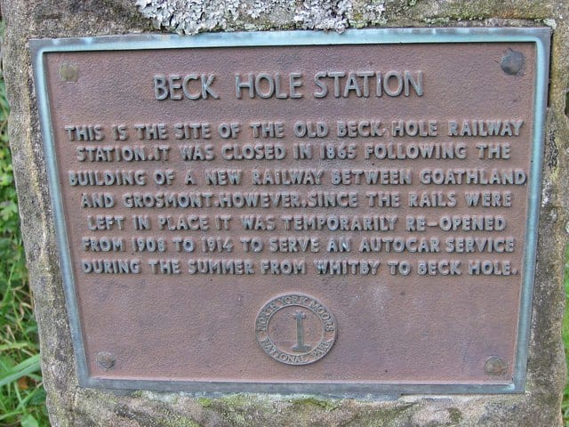 Plaque at Beck Hole marks the site of the original station, removed early in the 20th Century, at the foot pf the Goathland incline