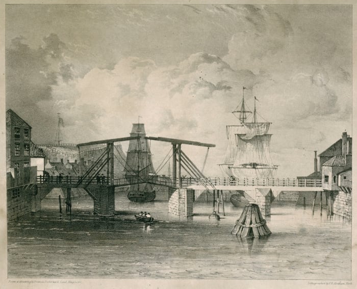Whitby Harbour, 1833, the scene of new enterprise on land also saw the demolition of the old harbour lift bridge by Messrs Craven who had the contract for a new one