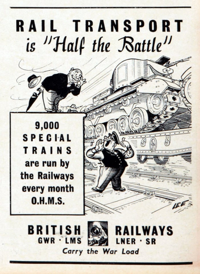 "Rail transport is half the battle won!" this poster boldly cries out. The chubby City gent with his rolled up brolly and bowler hat would prefer the first class compartment he's used to on his way to Warerloo Station. Tanks come first... sorry mate