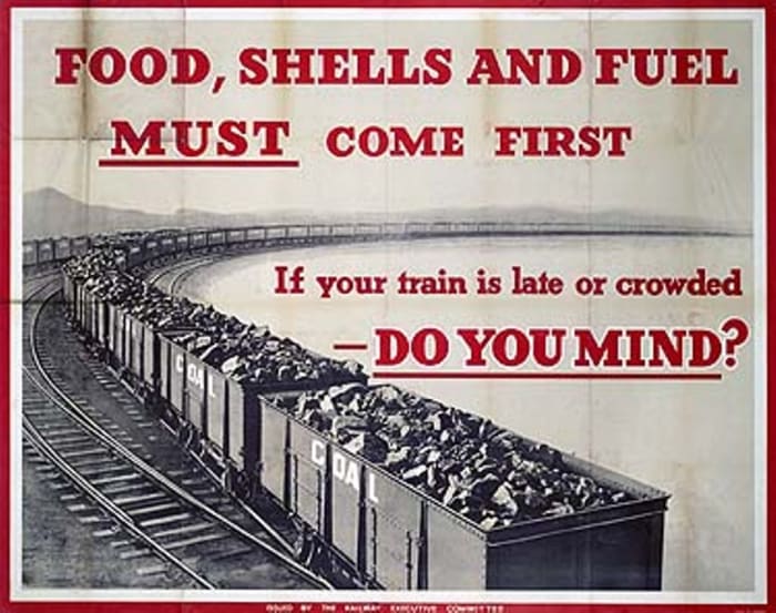 "Food, shells and fuel must come first... do you mind?" If it shortened the war, most passengers were only too willing to give priority to war traffic
