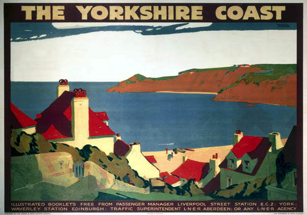The Yorkshire coast - 1932 poster by Andrew Johnson. Accommodation could be found at farms, bed & breakfasts, hostels or hotels. Beach or hiking holiday? Try Robin Hood's Bay with camping coaches, wide vistas over moor and dales