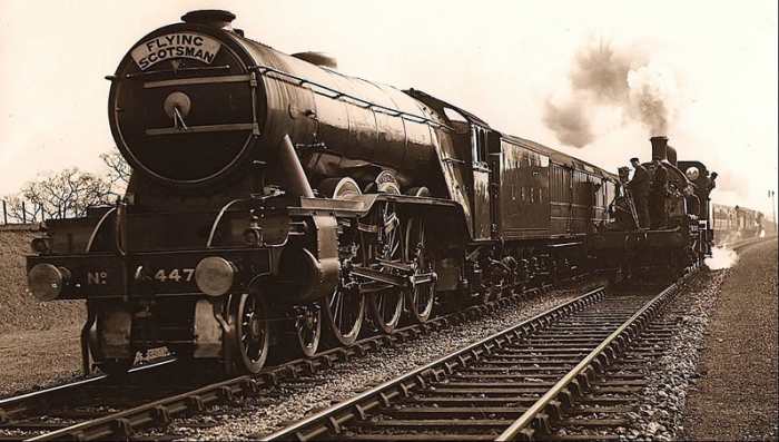 Every schoolboy's icon - 4472 'Flying Scotsman' is seen in 1929 with a rake of carriages working an express service - now in national ownership through the National Railway Museum's intervention after she was put up for sale 1996