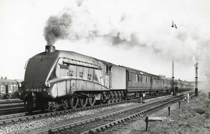Class A4 4462 'Great Snipe' brings an express through New Southgate in the north London suburbs during the 1930s