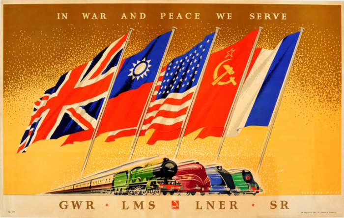 An ambitious wartime poster, 'In War And Peace' displays the flags of the Allies -were we to expect the Nationalist Chinese and Soviet Russians to travel on Britain's war-torn railway system?