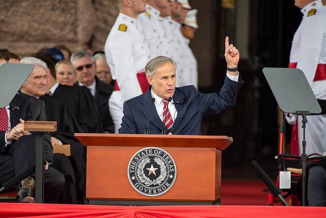 Governor Greg Abbott delivering his second inaugural address on January 15, 2019 after easily winning re-election with 55.8% of the votes in November 2018