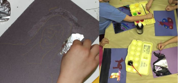 The picture on the left with Mary is from my class. The picture on the right is from the journeymen class. I'm including it to show how the paint station was set up.