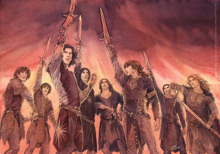 By artist Jenny Dolfen. The declaration of the Oath byt Feanor and his sons was followed by an violent urge by many of the hot-blooded Noldor to return to Middle-earth in rebellion. However it also show cases Finarfin's own power of persuasion.