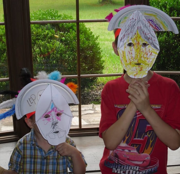 Creating Montezuma's headdress & Cortes Conquistador masks were two of the activities we did this week at home during our History Morning Basket & Activities time from the above link on Aztecs.