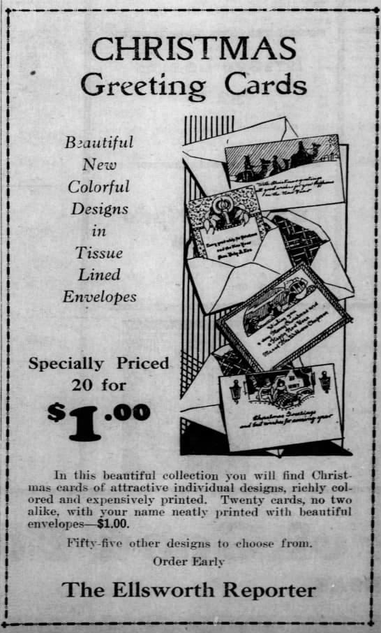 Advertisement from the Ellsworth Reporter - Kansas 11 Dec 1930, Thu • Page 14. You could even get your name printed on them for that price. The price of a first-class stamp was 2 cents but later in the decade, it went up to 3 cents.