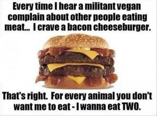 Seriously, before I knew about veganism, I didn't appreciate meat so much. Now I mostly eat meat, and I enjoy it more knowing vegans hate me for it.