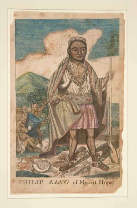 "Philip, King of Mount Hope," a line engraving colored by hand by the American engraver and silversmith Paul Revere