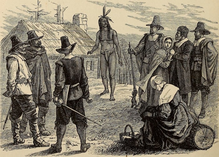 Samoset comes "boldly" into Plymouth settlement; woodcut designed by A.R. Waud and engraved by J.P. Davis in 1876