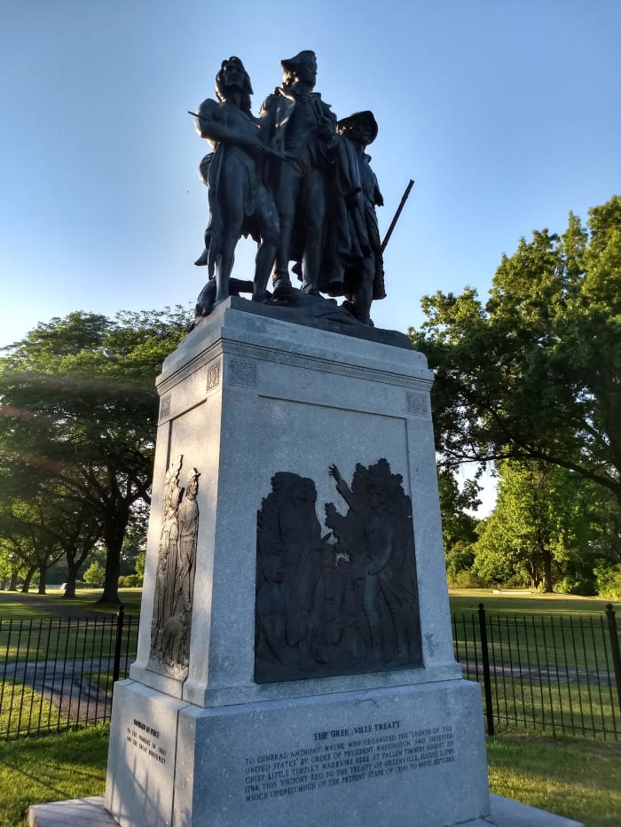 The statue of General "Mad" Anthony Wayne, an American Indian and a Kentucky militia man was dedicated in 1929.