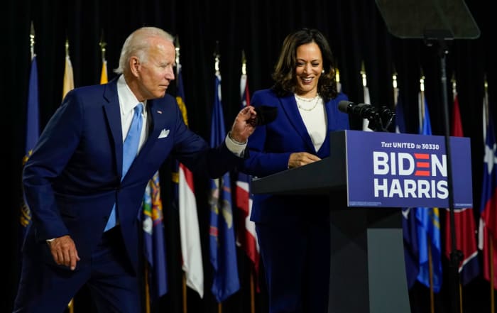 Democratic presidential candidate former vice president Joe Biden and his running mate, Senator Kamala Harris of California, during their first joint appearance as running mates on August 12, 2020