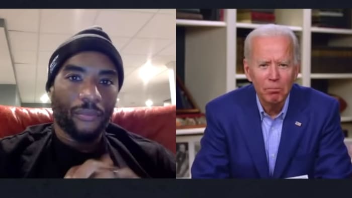 Biden (right) and radio host Charlamagne tha God (left) during an interview in which Biden blurted out his infamous "you ain't black" gaffe in May, 2020