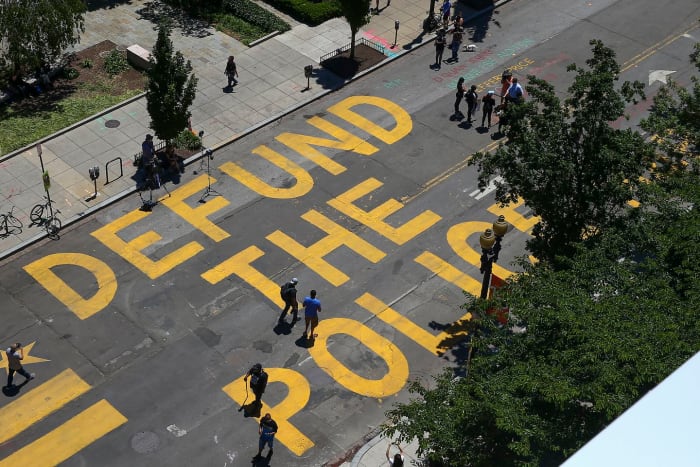 The "Defund the Police" text on the street near the White House painted by Black Lives Matter activists