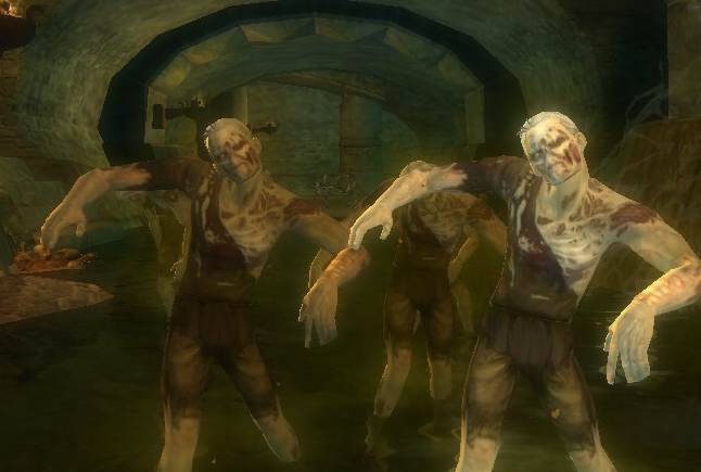 Zombies are painfully tough in higher level quests. This mob sprouted in the maze of sewer tunnels known as The Waterworks.