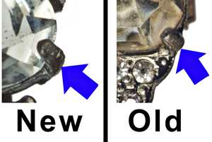 Fig. 2 Prongs on reproduction costume jewelry are wider, thicker and longer than original prongs. The new prongs shown left extend almost to the top of the stone. Prongs on vintage jewelry are typically just long enough to hold the stones in place.