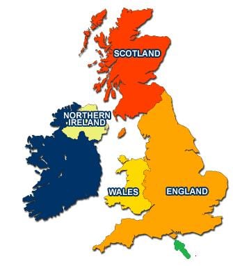 The United Kingdom consists of the above-named countries: The green arrow points to the "Isle Of White" which is part of the United Kingdom.