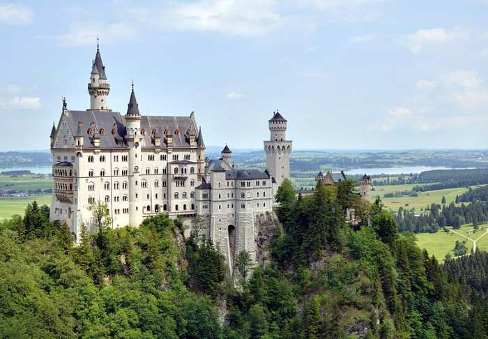 Schloss Neuschwanstein, or Neuschwanstein Castle, in the German hills in Southern Bavaria in Germany.