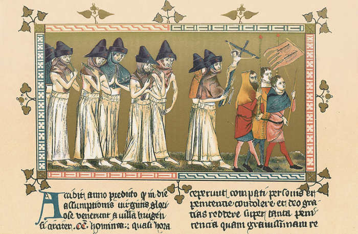 This contemporary manuscript tells of how around 200 Flaggelants arrived at Doornik from Bruges. Although the people of Doornik had never seen such acts of penance, they joined in, thanking God.