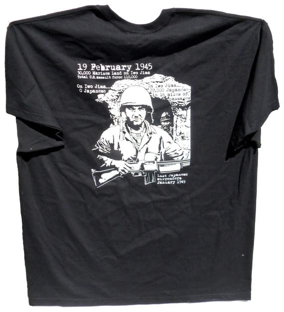 T-shirt commemorating the 70th anniversary, illustrating that the Japanese were in, not on, Iwo Jima
