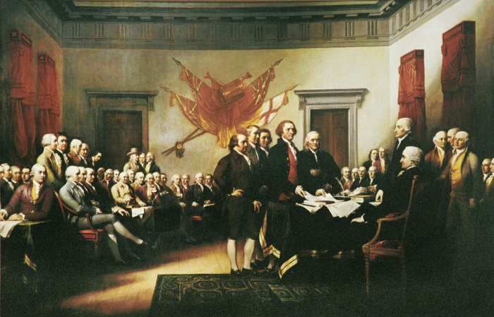 Declaration of Independence by John Trumbull: contrary to popular belief this does not depict the signing but the actual presentation of the draft Declaration to Congress.