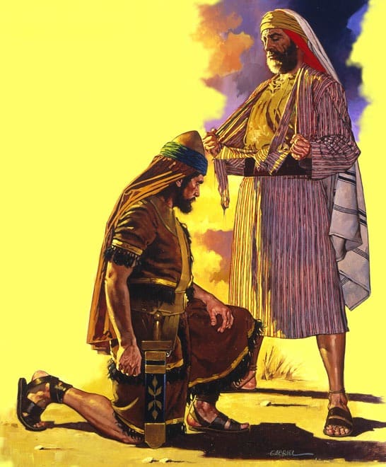 Jeroboam- The First King of Northern Kingdom of Israel kneeling before the prophet Ahija of Shiloh. The latter tore his new cloak into ten pieces to signify to Jeroboam that he needs to unite the ten tribes into one Kingdom.