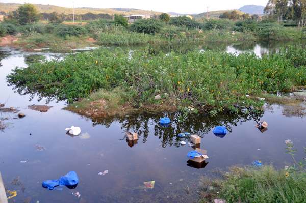 Plastic debris floating on the river. They have been callously cast into the holy river.