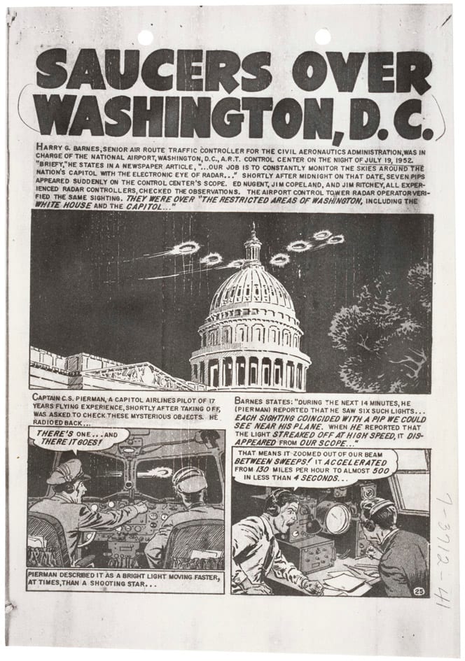 Page one of a comic about the UFOs sighted over Washington, DC shortly after Project Grudge changed into Project Blue Book.