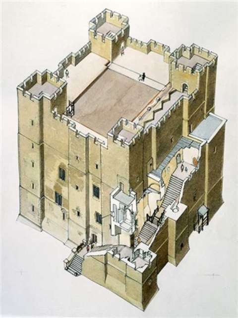 Norman castle - keep with exploded view of the outer staircase. There was a standard castle design that builders conformed to, although there were variations. At first built of timber, within a few years the material of choice would be stone