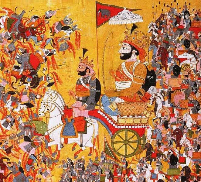 The painting depicts the battle of Kurukshetra of the Mahabharata epic. Karna, commander of the Kaurava army is seen here.