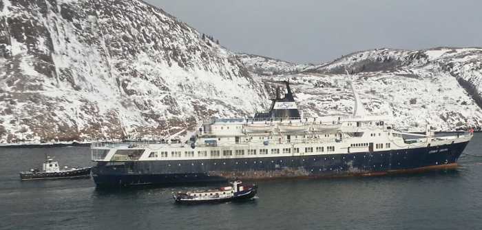 The Lyubov Orlova undertow out of St. John's Harbour. She would break away from her tow line the following day.