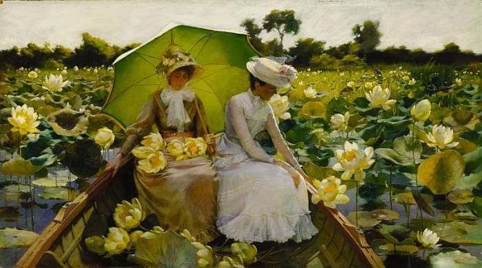 An exquisite painting of ladies in a boat with lotus blossoms all around. A very gorgeous piece of art! Oil on canvas, and in the collection of Daniel J. Terra. Terra Museum of American Art in Chicago, Illinois.