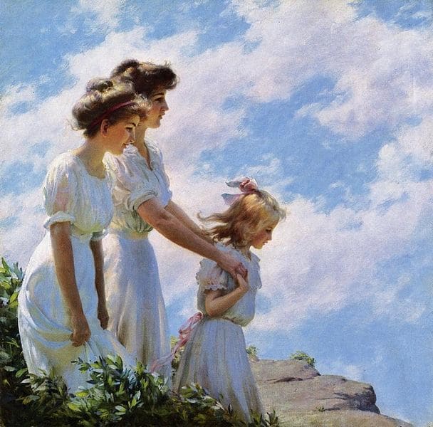 This is such a beautiful painting. The time period is reflected in the way the ladies and girl have done their hair. Women wore their hair "up", while the girls wore it down and flowing. I love the blue in the sky, and white dresses.