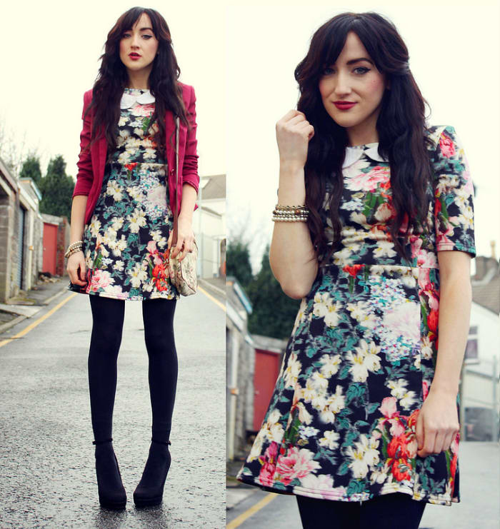 Choose a vintage inspired, dark floral dress. Add black tights and a jacket or sweater for cooler months.