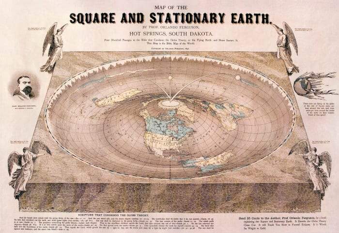Four Hundred Passages in the Bible that Condemns the Globe Theory, or the Flying Earth, and None Sustain It. This Map is the Bible Map of the World. Copyright by Orlando Ferguson, 1893.