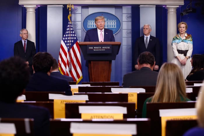 (From left to right) Dr. Anthony Fauci, President Trump, Vice President Pence and Dr. Deborah Birx, key members of the Coronavirus Task Force, at a daily White House press conference on April 4