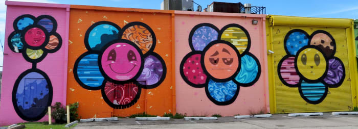 Portion of the Emoji Flowers Mural by Scott Tarbox at 2112 Leeland Street, Houston, Texas 77003