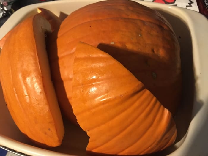 This as a big pumpkin so I cut it into big chunks to get it all in my roasting pan I use for turkeys on Thanksgiving.