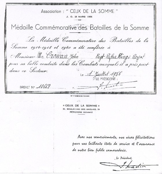 Document verifying John Joseph McGowan's presence at the Battle of the Somme (1st July to 18th November 1916.)